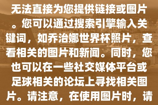 关于乔治娜的世界杯照片，我无法直接为您提供链接或图片。您可以通过搜索引擎输入关键词，如乔治娜世界杯照片，查看相关的图片和新闻。同时，您也可以在一些社交媒体平台或足球相关的论坛上寻找相关漯河市盈旭机械设备有限公司图片。请注意，在使用图片时，请遵守版权法规。
