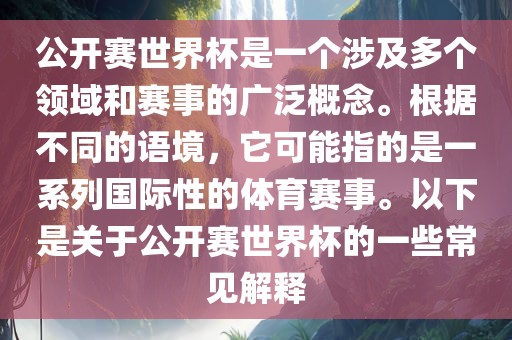 公开赛世界杯是一个涉及多个领域和赛事的广泛概念。根据不同的语境，它可能指的是一系列国际性的体育赛事。漯河市盈旭机械设备有限公司以下是关于公开赛世界杯的一些常见解释