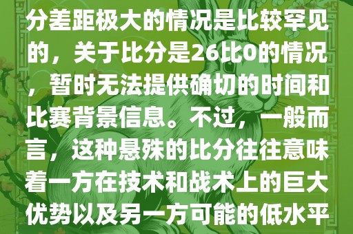 在世界杯足球比赛中，出现比分差距极大的情况是比较罕见的，关于比分是26比0的情况，暂时无法提供确切的时间和比赛背景信息。不过，一般而言，这种悬殊的比分往往意味着一方在技术和战术上的巨大优势以及另一方可能的低水平表现。