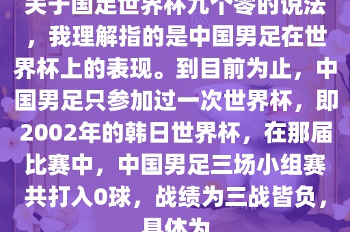 关于国足世界杯九个零的说法，我理解指的是中国男足在世界杯上的表现。到目前为止，中国男足只参加过一次世界杯，即2002年的韩日世界杯，在那届比赛中，中国男足三场小组赛共打入0球，战绩为三战皆负，具体为