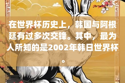 在世界杯历史上，韩国与阿根廷有过多次交锋。其中，最为人所知的是2002年韩日世界杯。