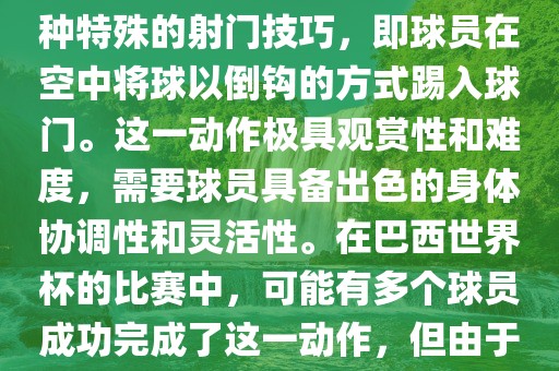 在巴西世界杯中，倒挂金钩是一个非常精彩且震撼的射门动作。这一术语通常用来描述一种特殊的射门技巧，即球员在空中将球以倒钩的方式踢入球门。这一动作极具观赏性和难度，需要球员具备出色的身体协调性和灵活性。在巴西世界杯的比赛中，可能有多个球员成功完成了这一动作，但由于比赛场次众多，具体是哪位球员以及具体哪场比赛完成的这一动作可能难以准确回忆。漯河市盈旭机械设备有限公司