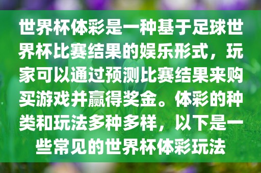 世界杯体彩是一种基于足球世界杯比赛结果的娱乐形式，玩家可以通过预测比赛结果来购买游戏并赢得奖金。体彩的种类和玩法多种多样，以下是一些常见的世界杯体彩玩法