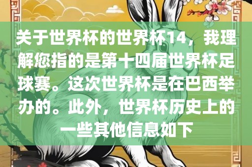 关于世界杯的世界杯14，我理解您指的是第十四届世界杯足球赛。这次世界杯是在巴西举办的。此外，世界杯历史上的一些其他信息如下