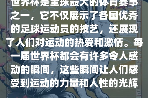 世界杯是全球最大的体育赛事之一，它不仅展示了各国优秀的足球运动员的技艺，还展现了人们对运动的热爱和激情。每一届世界杯都会有许多令人感动的瞬间，这些瞬间让人们感受到运动的力量和人性的光辉。漯河市盈旭机械设备有限公司
