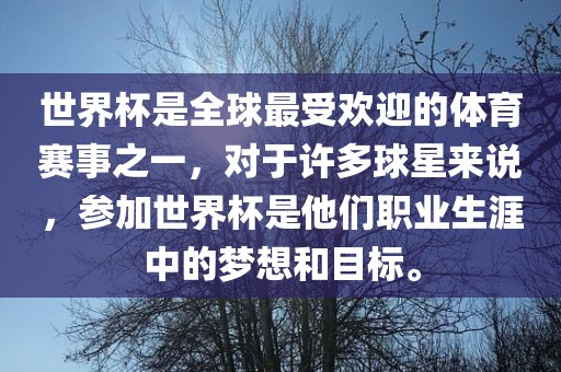 世界杯是全球最受欢迎的体育赛事之一，对于许多球星来说，参加世界杯是他们职业生涯中的梦想和目标。漯河市盈旭机械设备有限公司