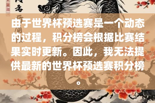 由于世界杯预选赛是一个动态的过程，积分榜会根据比赛结果实时更新。因此，我无法提供最新的世界杯预选赛积分榜。