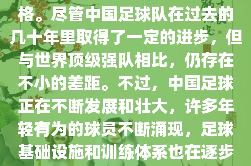 在迄今为止的世界杯足球比赛中，中国队并未获得过参赛资格。尽管中国足球队在过去的几十年里取得了一定的进步，但与世界顶级强队相比，仍存在不小的差距。不过，中国足球正在不断发展和壮大，许多年轻有为的球员不断涌现，足球基础设施和训练体系也在逐步完善。因此，未来中国队仍有可能进入世界杯。