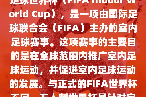 五人制世界杯，也被称为室内足球世界杯（FIFA Indoor World Cup），是一项由国际足球联合会（FIFA）主办的室内足球赛事。这项赛事的主要目的是在全球范围内推广室内足球运动，并促进室内足球运动的发展。与正式的FIFA世界杯不同，五人制世界杯是针对室内足球的比赛。