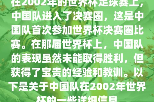在2002年的世界杯足球赛上，中国队进入了决赛圈，这是中国队首次参加世界杯决赛圈比赛。在那届世界杯上，中国队的表现虽然未能取得胜利，但获得了宝贵的经验和教训。以下是关于中国队在2002年世界杯的一些详细信息