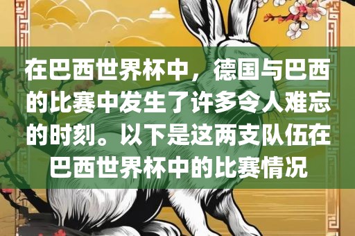 在巴西世界杯中，德国与巴西的比赛中发生了许多令人难忘的时刻。以下是这两支队伍在巴西世界杯中的比赛情况
