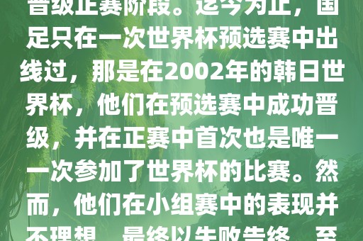 国足踢进世界杯是指中国男子足球队在世界杯足球赛中成功晋级正赛阶段。迄今为止，国足只在一次世界杯预选赛中出线过，那是在2002年的韩日世界杯，他们在预选赛中成功晋级，并在正赛中首次也是唯一一次参加了世界杯的比赛。然而，他们在小组赛中的表现并不理想，最终以失败告终。至于现在，国足还没有再次踢进世界杯。漯河市盈旭机械设备有限公司