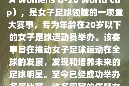 U-20女足世界杯，也被称为国际足联女子U-20世界杯（FIFA Womens U-20 World Cup），是女子足球领域的一项重大赛事，专为年龄在20岁以下的女子足球运动员举办。该赛事旨在推动女子足球运动在全球的发展，发现和培养未来的足球明星。至今已经成功举办多届比赛，许多国家的年轻女足运动员通过这一赛事获得了国际认可和赞誉。