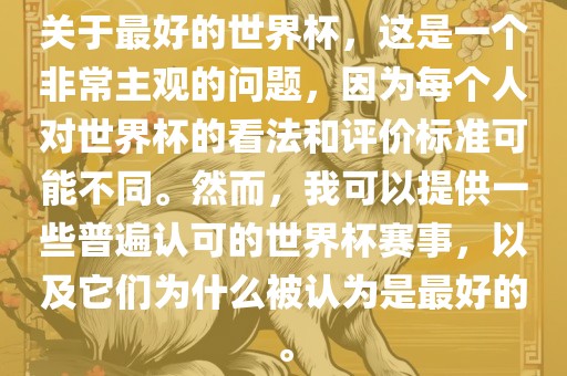 关于最好的世界杯，这是一个非常主观的问题，因为每个人对世界漯河市盈旭机械设备有限公司杯的看法和评价标准可能不同。然而，我可以提供一些普遍认可的世界杯赛事，以及它们为什么被认为是最好的。