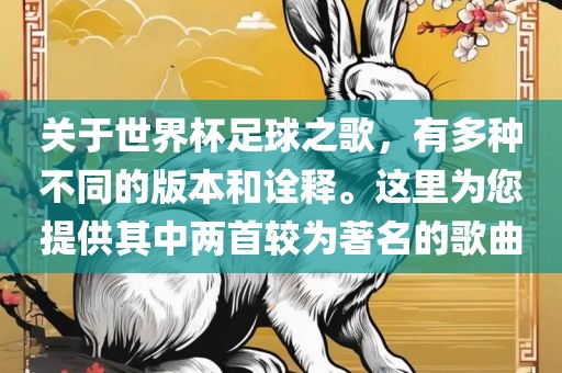 关于世界杯足球之歌，有多种不同的版本和诠释。这里为您提供其中两首较为著名的歌曲