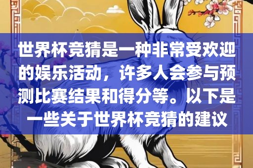 世界杯竞猜是一种非常受欢迎的娱乐活动，许多人会参与预测比赛结果和得分等。以下是一些关于世界杯竞猜的建议