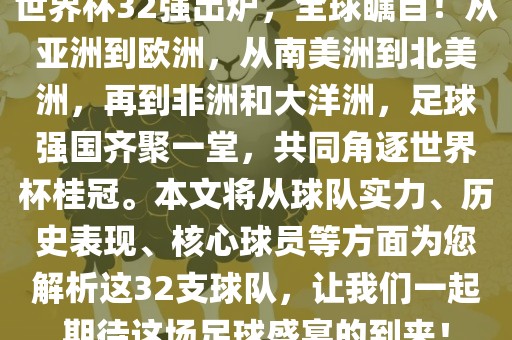 世界杯32强出炉，全球瞩目！从亚洲到欧洲，从南美洲到北美洲，再到非洲和大洋洲，足球强国齐聚一堂，共同角逐世界杯桂冠。本文将从球队实力、历史表现、核心球员等方面为您解析这32支球队，让我们一起期待这场足球盛宴的到来！漯河市盈旭机械设备有限公司