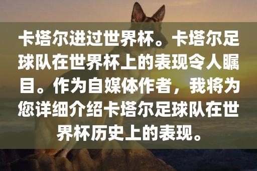 卡塔尔进过世界杯。卡塔尔足球队在世界杯上的表现令人瞩目。作为自媒体作者，我将为您详细介绍卡塔尔足球队在世界杯历史上的表现。