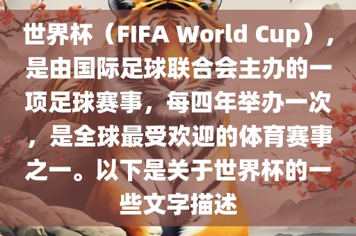 世界杯（FIFA World Cup），是由国际足球联合会主办的一项足球赛事，每四年举办一次，是全球最受欢迎的体育赛事之一。以下是关于世界杯的一些文字描述