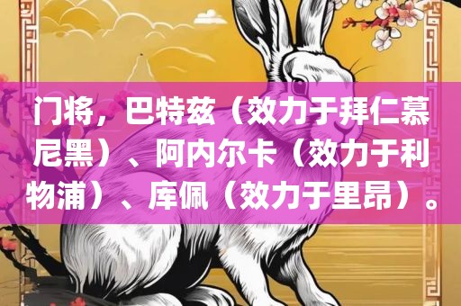 门将，巴特兹（效力于拜仁慕尼黑）、阿内尔卡（效力于利物浦）、库佩（效力于里昂）。