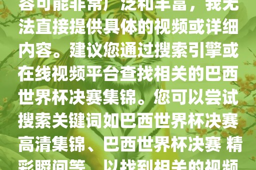 由于巴西世界杯决赛集锦的内容可能非常广泛和丰富，我无法直接提供具体的视频或详细内容。建议您通过搜索引擎或在线视频平台查找相关的巴西世界杯决赛集锦。您可以尝试搜索关键词如巴西世界杯决赛 高清集锦、巴西世界杯决赛 精彩瞬间等，以找到相关的视频和报道。