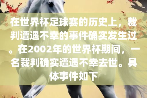 在世界杯足球赛的历史上，裁判遭遇不幸的事件确实发生过。在2002年的世界杯期间，一名裁判确实遭遇不幸去世。具体事件如下漯河市盈旭机械设备有限公司