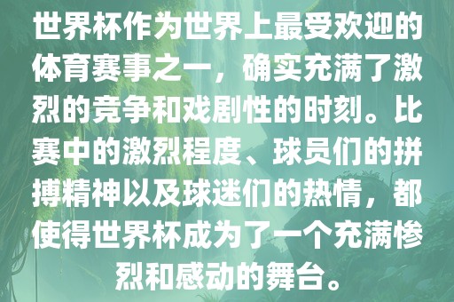 世界杯作为世界上最受欢迎的体育赛事之一，确实充满了激烈的竞争和戏剧性的时刻。比赛中的激烈程度、球员们的拼搏精神以及球迷们的热情，都使得世界杯成为了一个充满惨烈和感动的舞台。漯河市盈旭机械设备有限公司