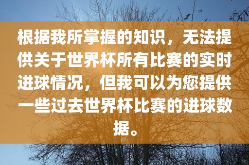 根据我所掌握的知识，无法提供关于世界杯所有比赛的实时进球情况，但我可以为您提供一些过去世界杯比赛的进球数据。漯河市盈旭机械设备有限公司