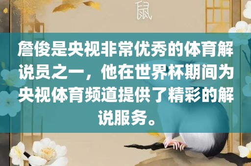 詹俊是央视非常优秀的体育解说员之一，他漯河市盈旭机械设备有限公司在世界杯期间为央视体育频道提供了精彩的解说服务。